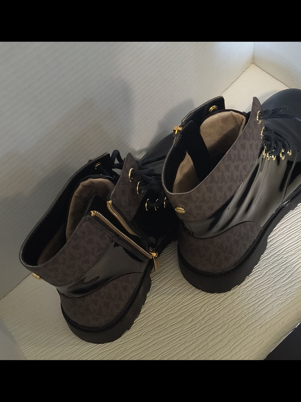 Michael Kors Black Patent Leather Lace-Up Combat Boots with Gold Hardware - Picture 2 of 7